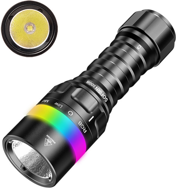 Sofirn SD08 잠수용 손전등 21700 리튬 이온 배터리 IP68 수중100미터 3200루멘 385미터 360도 배터리 표시 RGB 수중위치표시, 검정색