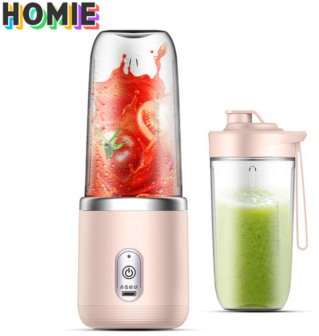 HOMIE 믹서기 2개 용기 휴대용 미니 믹서기 USB 충전식 무선 믹서기, 핑크