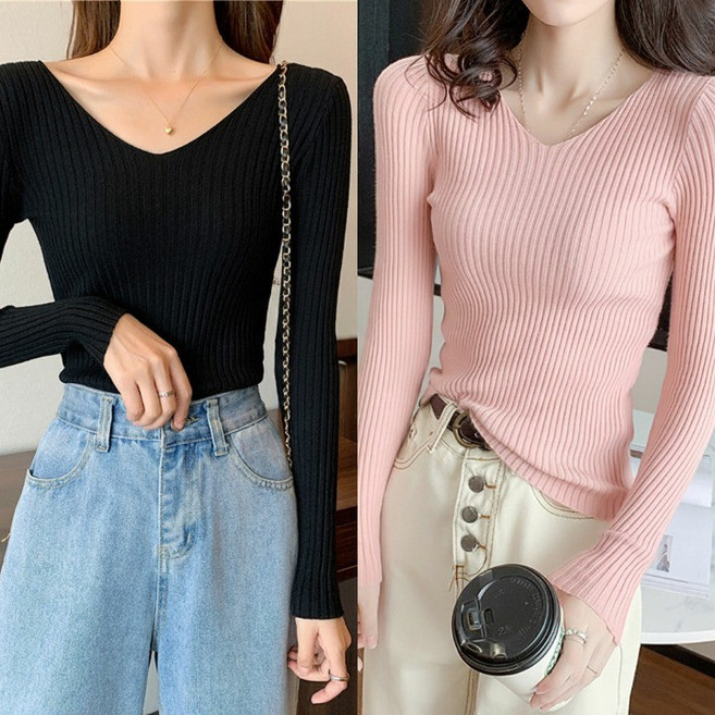 MU랑 여성 쫀쫀한 브이넥 슬림 긴팔 골지 니트 2P