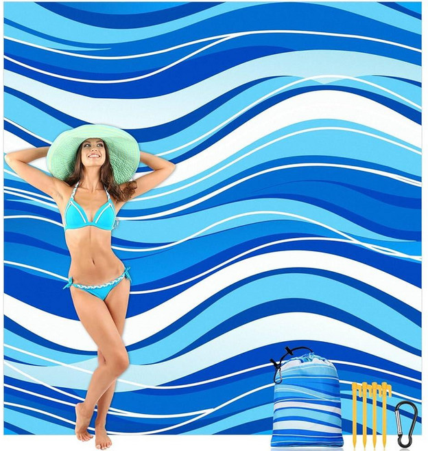 Hillsuren Beach Blanket 78 x 81 Inch Waterproof Sandproof Oversized Mat Extra Large Quick Drying D, 블루 리플