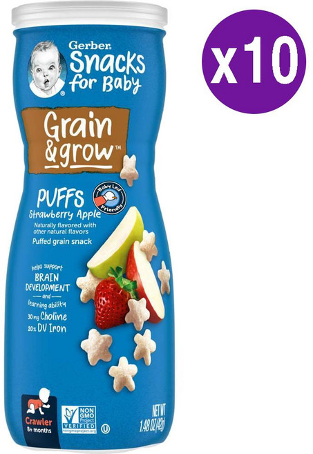 거버 베이비 스낵 그레인 앤 그로우 퍼프 스트로베리 애플 Gerber Grain & Grow Puffs, 42g, 10개