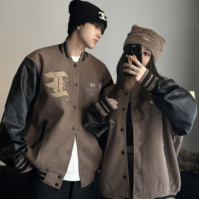 BLACK K7 남녀공용 패션 자수 야구 점퍼 루즈핏 캐주얼 배색 자켓 아우터 커플룩 데일리룩