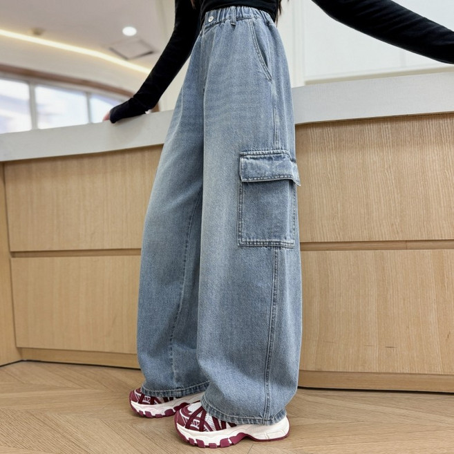 사사로이 여아 주니어 청바지 카고 데님 루즈핏 와이드 팬츠