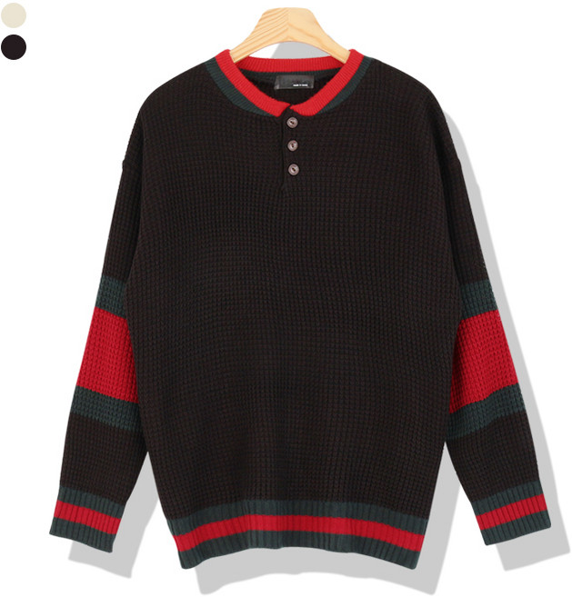 오마보이 남성용 와플 퍼즈 헨리넥 니트