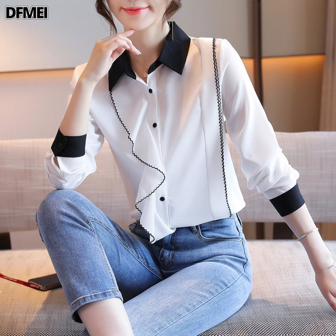 DFMEI 서양식 디자인 봄 가을 여성복 카라넥 화이트 블라우스 상의 카디건 셔츠 레깅스