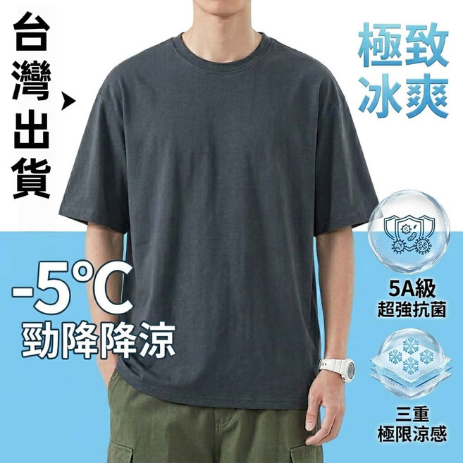 極致冰爽 圓領短袖T恤 -5°C 涼感降溫 5A級超強抗菌, 深灰色