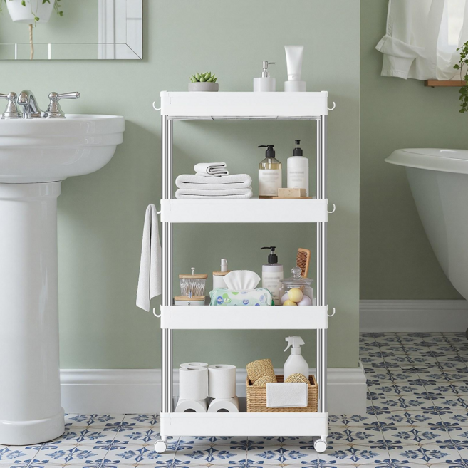 SONGMICS 다용도 이동식 360도 회전 바퀴 플라스틱 틈새 트롤리 욕실 주방 사무실 세탁실용, White, 4단