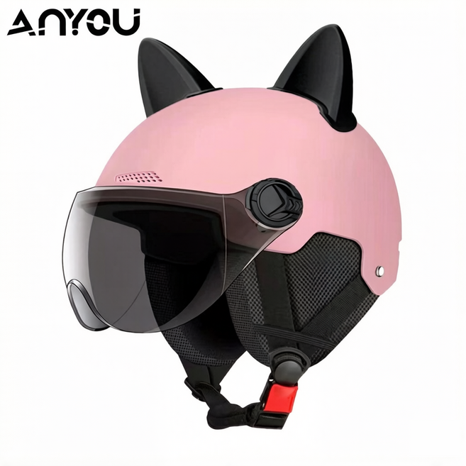 ANYOU 자외선 차단 고글 고양이 귀 안전 헬멧, 자외선 차단 짧은 쉴드+핑크+귀마개