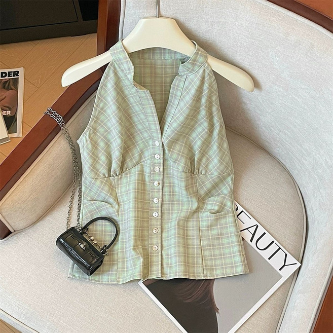 小個子格子半開領襯衫女夏季新款單排扣無袖短款掛脖背心上衣女