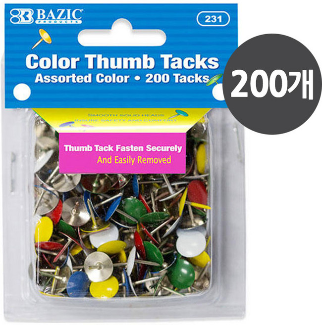 [ 미국 BAZIC ] 사무용 컬러 압정 압핀, 1통, 200개입, 231컬러