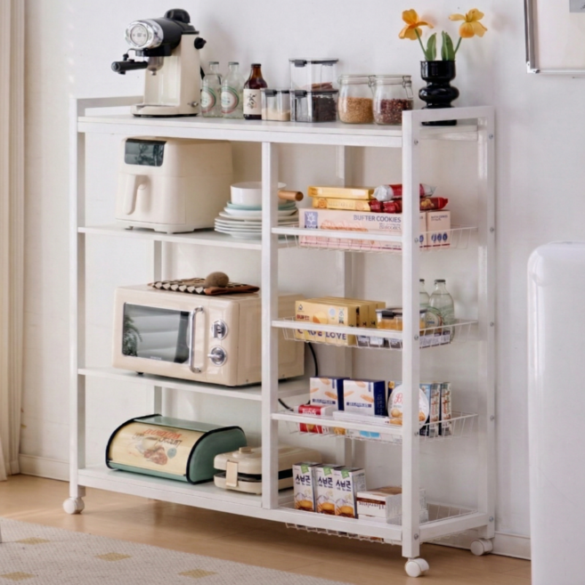소프트엣지 이동식 철제 주방 수납장, 화이트+화이트