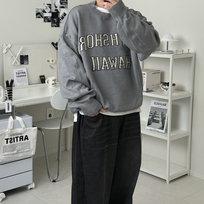 르위 남성용 라운드니트 긴팔 레터링 레이어드 빅사이즈