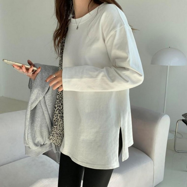 라운드넥 티셔츠 여성 긴팔 무지 캐주얼 롱슬리브 옆트임