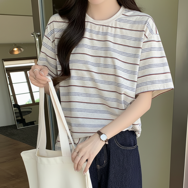 온기올라 릴렉스핏 면 스트라이프 반팔 티셔츠