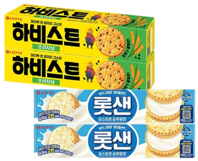 롯샌 파스퇴르 순우유맛 105g x2개+하비스트 오리지널 100g x2개, 롯데제과 롯샌 파스퇴르 순우유맛 105g x2개+하비스, 410g, 1세트