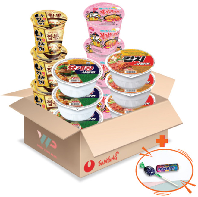 농심 삼양 컵라면 소컵 4종 혼합세트 육개장사발면 3컵+김치사발면 3컵+나가사끼짬뽕 3컵+까르보불닭볶음면 3컵 총 12컵입 미니 멘토스+투시팝 사탕 사은품 2종 증정, 1개
