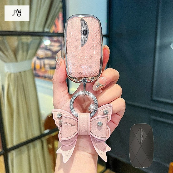 제네시스 차 키케이스 G80 G70 GV80 GV70 핑크 스마트 자동차 키홀더 커버, J타입-(제네시스-스마트키)-핑크-리본