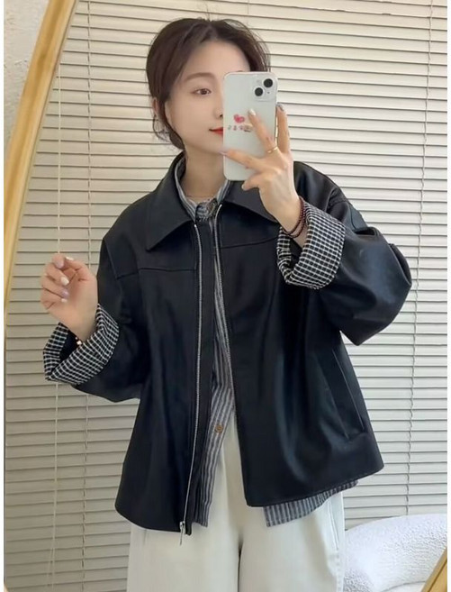 復古格子拼接PU皮衣外套女 寬鬆休閒百搭夾克