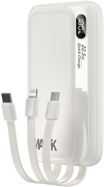 WAPIK PD 22.5W 일체형 대용량 보조배터리 고속충전 M1 10000mAh QC3.0 잔량표시, 화이트