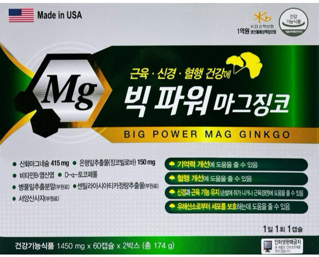 빅파워 마그징코 8개월분 혈액순환 기억력 개선 60정 4개
