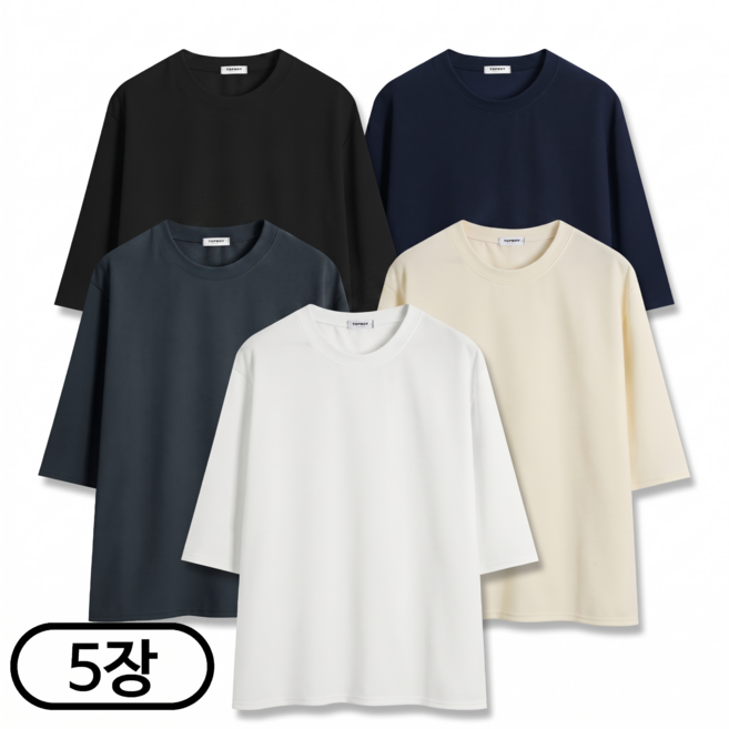 5장 세트 남녀공용 빅사이즈 링클프리 무지 스판 오버핏 7부 티셔츠 (SCC5278PT)