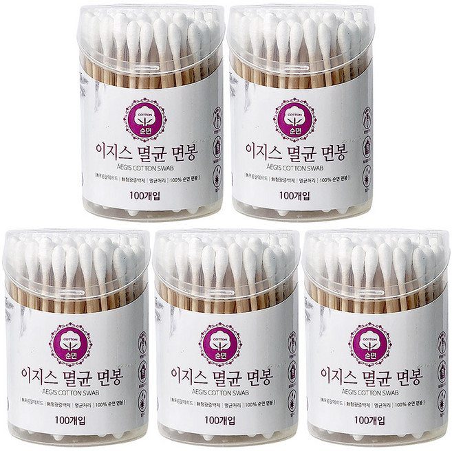 이지스 순면 멸균 면봉 500개입 100% 순면 무형광, 5개, 100개입