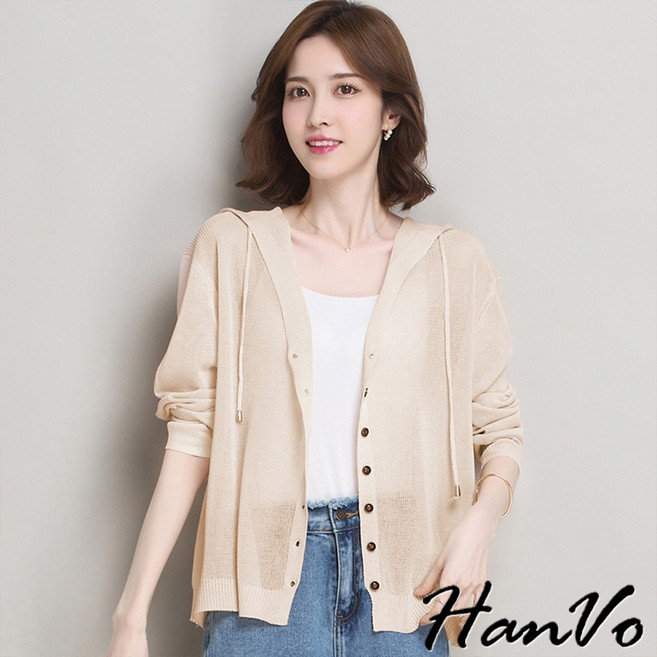 HanVo 韓版落肩針織連帽薄外套 排扣長袖外套 休閒 女生上衣 A07-5004
