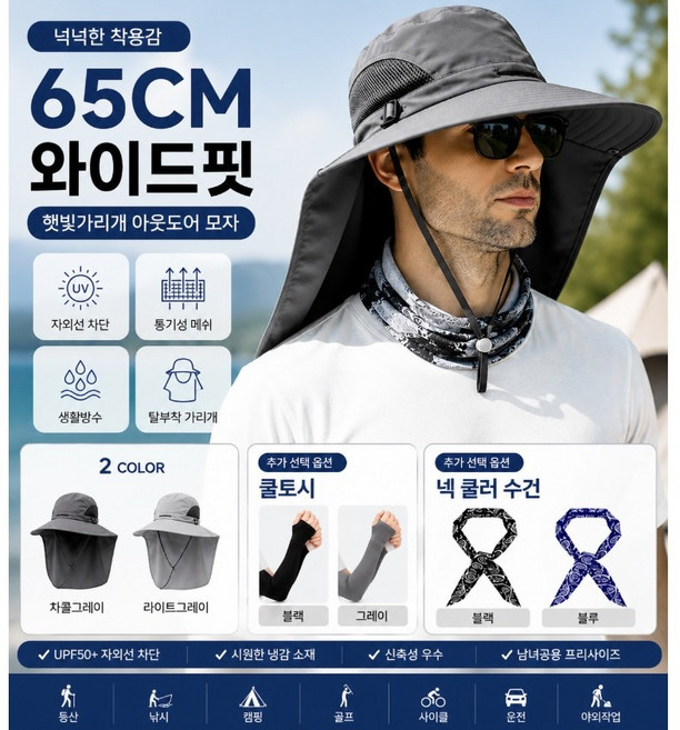 65cm 대두 와이드핏 햇빛가리개 모자 세트 남녀공용 아웃도어 버킷햇 넥커버 쿨토시 넥쿨러 포함 UV차단