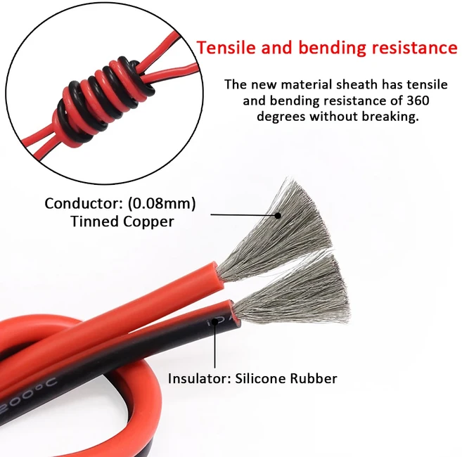 8awg 초연질 2핀 적흑색 실리콘 케이블 고온용 주석 도금 구리 전선, 04 24AWG, 01 2 Pin Black-Red, 01 5m-16.4ft