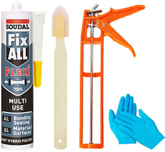 SOUDAL Flexi (플렉시) 백색 냄새없는 고탄성 방수 강력접착 실리콘+헤라+플라스틱건+니트릴장갑, 1개