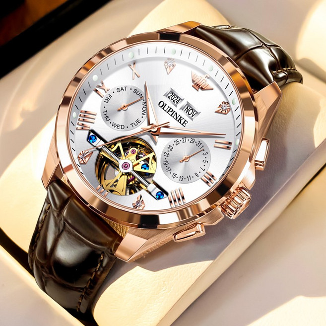 OUPINKE 남성 시계 정품 자동 기계식 오토매틱 럭셔리 명품 워터프루프 야광 가죽 투조 다기능 남성시계