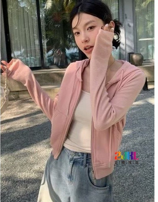 超彈性柔感顯腰身棉質不起球連帽長袖外套 簡約素色拉鍊口袋抽繩連帽外套