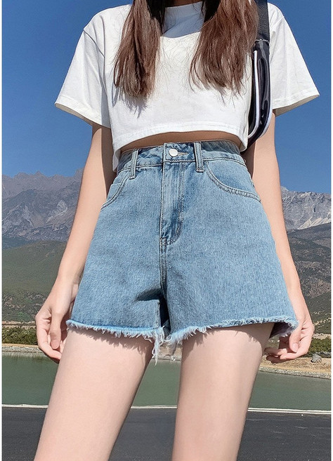 梨卡 高腰A字毛邊牛仔短褲 顯瘦百搭 夏季時尚款 多色尺寸S-2XL
