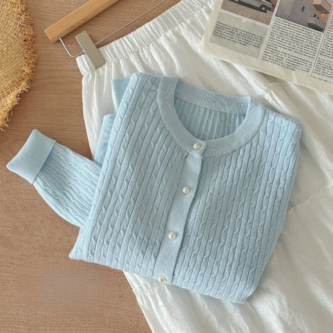 여성 봄가을 라운드넥 라운드 긴팔 꽈배기 니트 카디건 코트LCL268