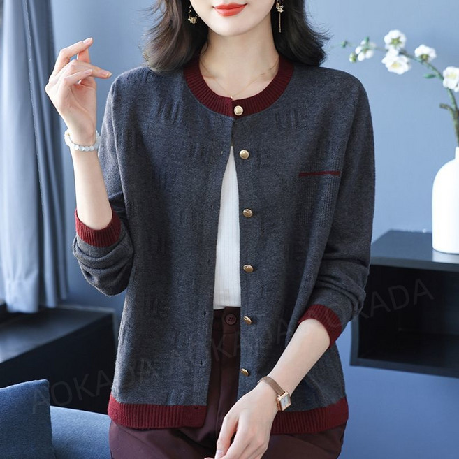 AOKADA 봄 가을 중년 여성 루즈핏 라운드넥 니트 가디건