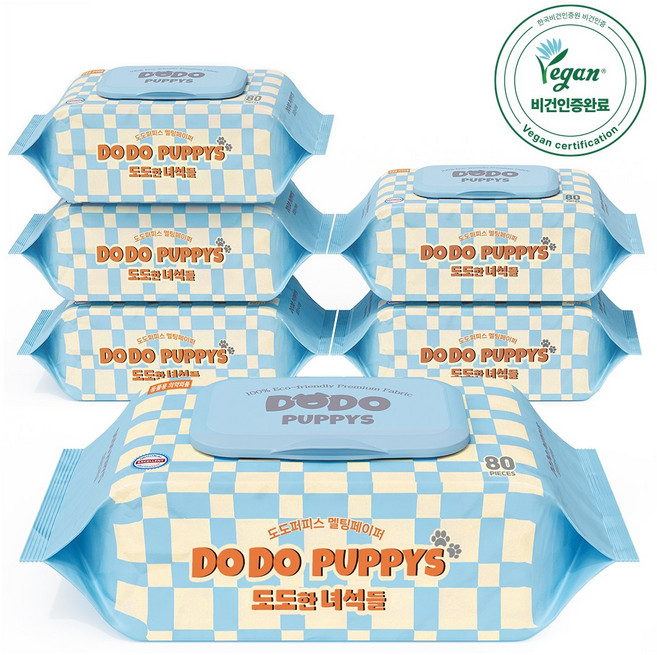 도도퍼피스 플라스틱 0% 강아지 전용 반려 동물 물티슈, 6개, 80개입