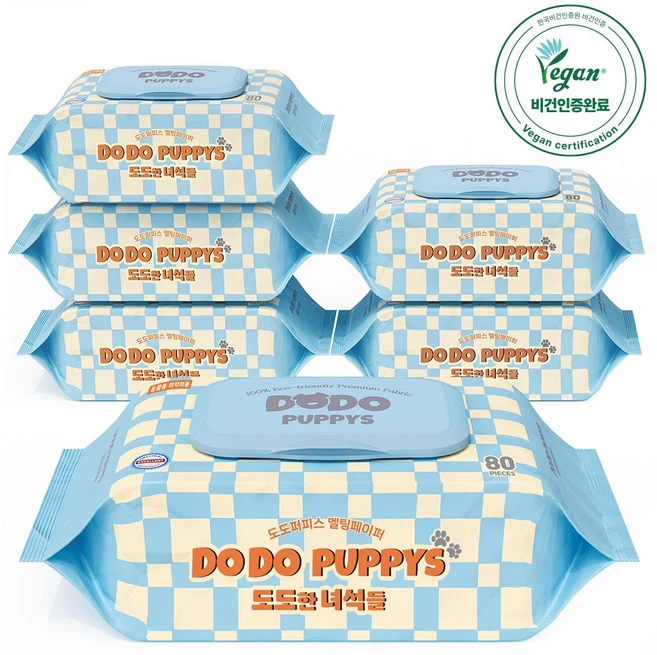 도도퍼피스 플라스틱 0% 강아지 전용 반려 동물 물티슈, 6개, 80개입 - 쿠팡