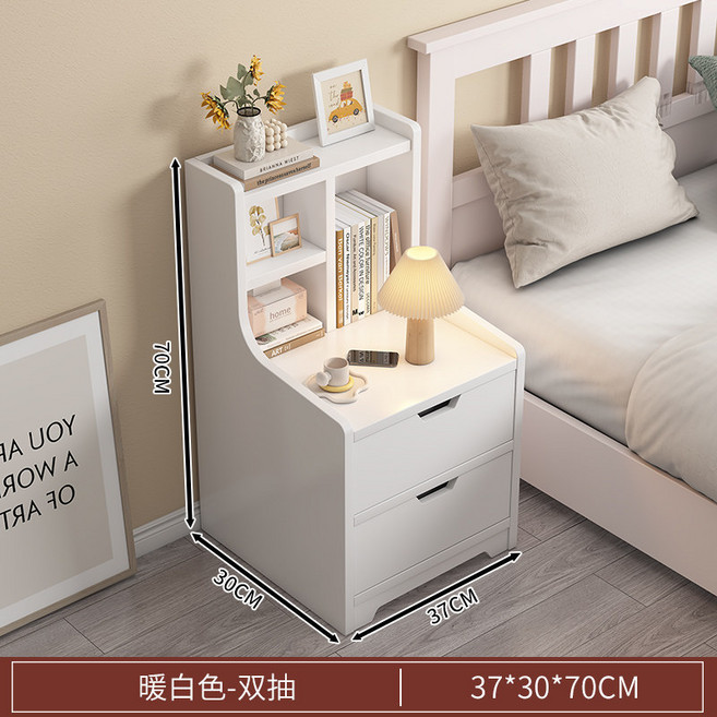 臥室加高置物收納床頭櫃, 雙抽暖白 37*30*70cm:1x1x1公分
