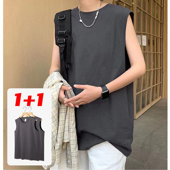 남녀공용 나시 민소매 티셔츠 루즈핏 헤비 니트 세이코 240G순면 2매세트