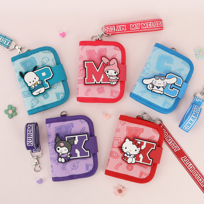 산리오 이니셜 알파벳 2단 목걸이지갑 동전 카드 수납포켓 마이멜로디 쿠로미 시나모롤 포차코 키티