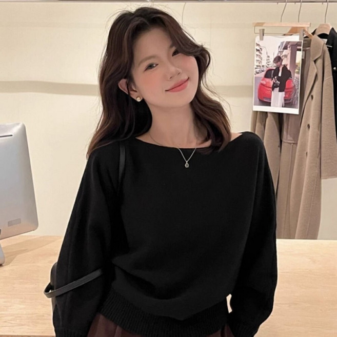 에리르 보트넥 오프숄더 니트 베이직 여리무드 봄 가을 티셔츠