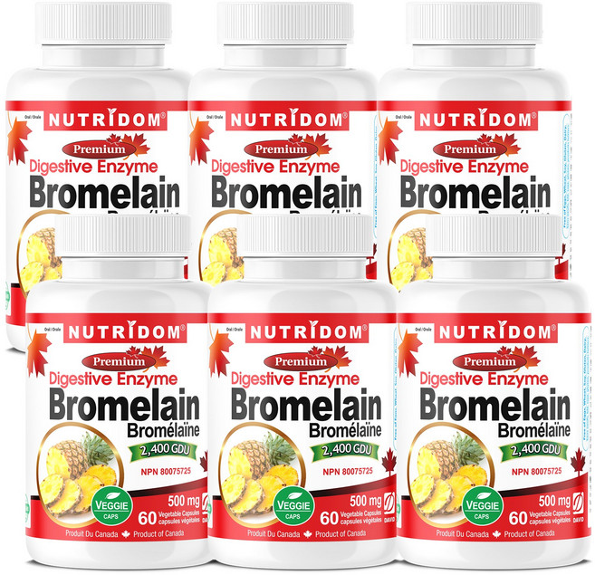 (6병특가) 뉴트리돔 캐나다 브로멜라인 파인애플 효소 2400GDU 500mg 60식물성캡슐, 6개, 60정