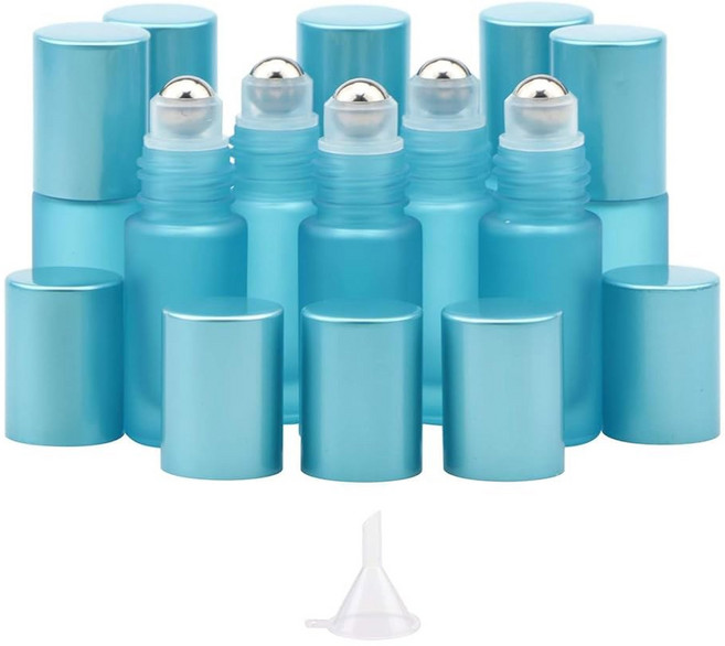 케셀 10팩 - 5ml 리필 가능한 프로스트 유리 롤러 병 필수 오일 바이알과 스테인리스 볼 및 알루미늄 캡 연한 파란색 여행용 향수, Light blue
