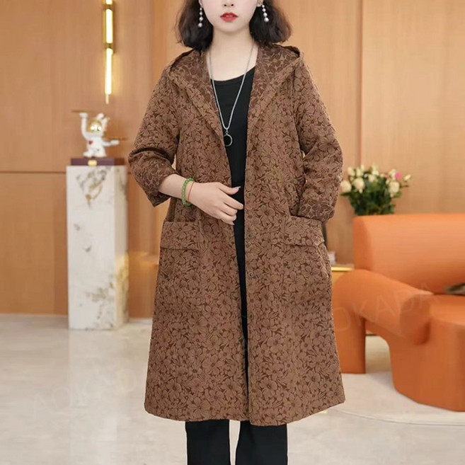 AOKADA 여성 봄 가을 잔꽃 무늬 루즈핏 미디 롱 트렌치코트