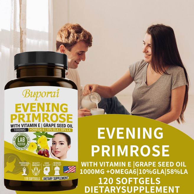 달맞이꽃 오일 1000mg 보충제 - 포도씨 오일 비타민 E 오메가 6 항산화제 함유, 1개, 120정