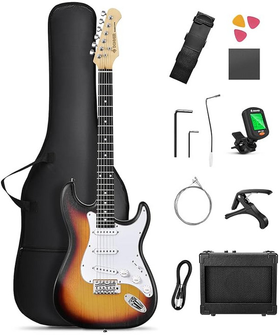 Donner 일렉트릭 기타 초보자 세트 ST타입 SSS 픽업 39인치 풀사이즈 미니 앰프 포함 전용 케이스와 튜너 등 액세서리 9종 세트 DST80S 썬버스트, 1개, 상세페이지 참조, 상세페이지 참조
