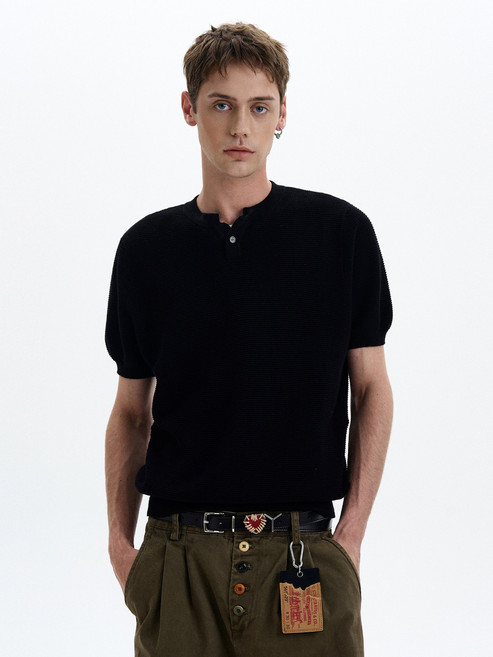 男款亨利領正肩針織休閒短袖, XL