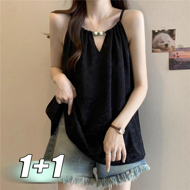 1+1 빅사이즈 여성 여름 셔링 홀터넥 끈나시티 여자 루즈핏 민소매 티셔츠 상의