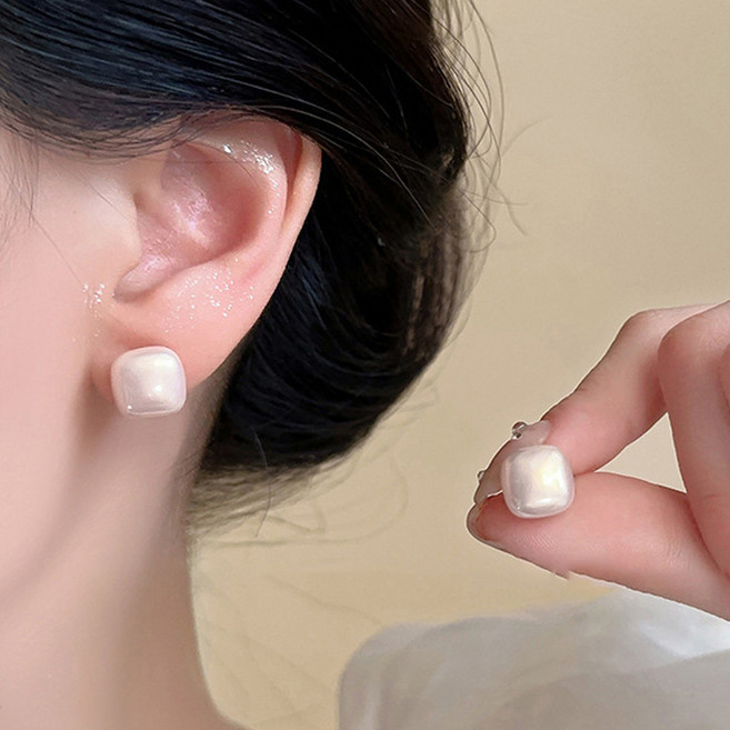 925실버핀 프리미엄 컬러 라운드스퀘어 사각 큐브 쿠션쉐입 5컬러 심플 볼드 진주귀걸이