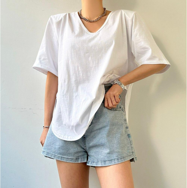 [에이스토리] 여성 루즈핏 브이넥 어깨패드 봄여름 반팔티 기본 이너 티셔츠